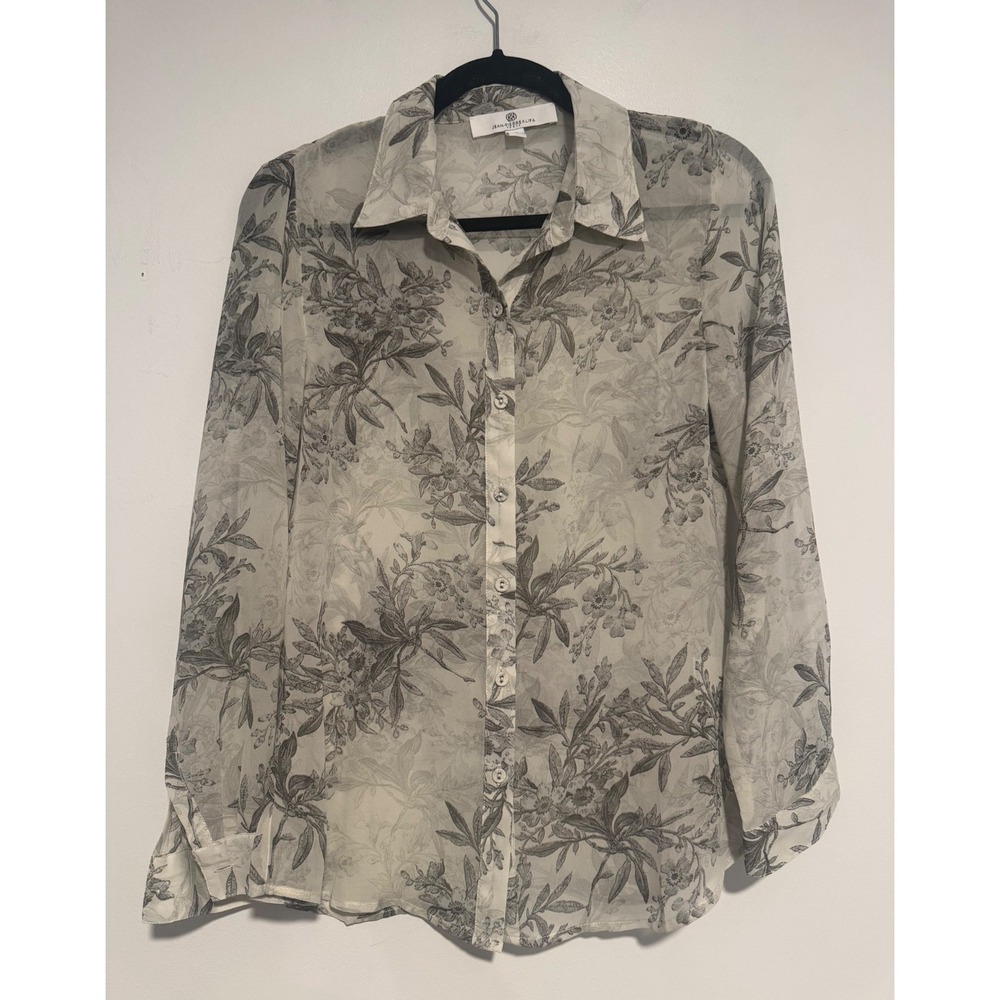 Jean-Pierre Klifa Paris Floral Chiffon Button Down Blouse Grey Sheer y2k M
